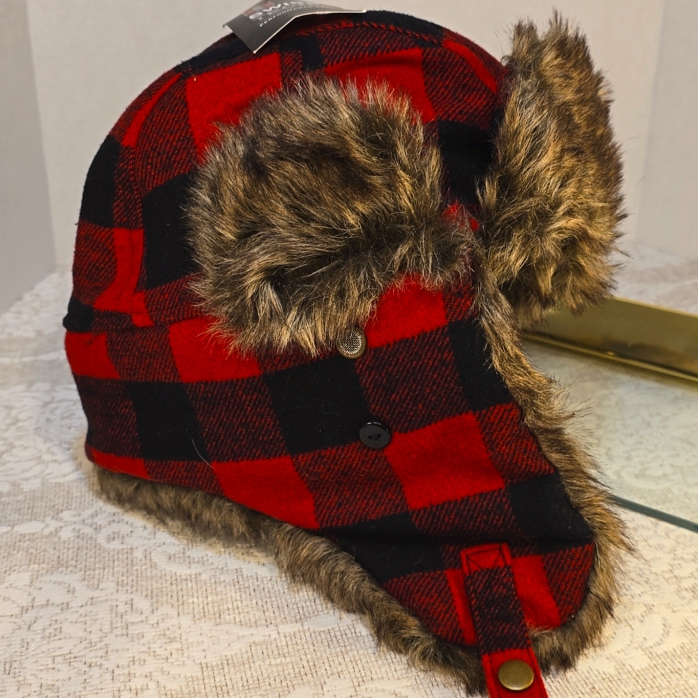 Mens Red Black Checkered Swiss Tech Faux Fur Lined Winter Trapper Aviator Hat